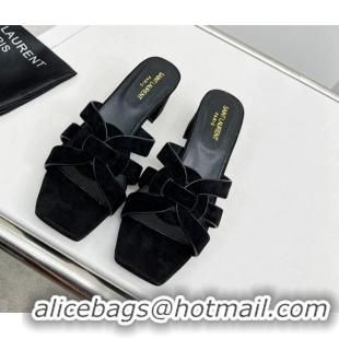 Good Quality Saint Laurent Suede Medium Heel Slide Sandals 4.5cm Black 324115