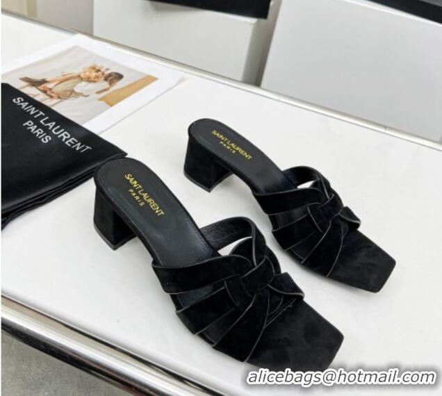 Good Quality Saint Laurent Suede Medium Heel Slide Sandals 4.5cm Black 324115