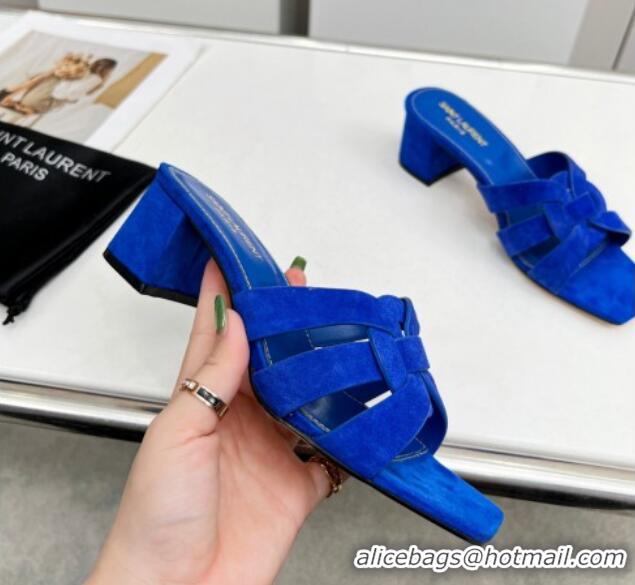 Shop Duplicate Saint Laurent Suede Medium Heel Slide Sandals 4.5cm Blue 0324117