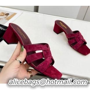 Luxury Cheap Saint Laurent Suede Medium Heel Slide Sandals 4.5cm Burgundy 324118