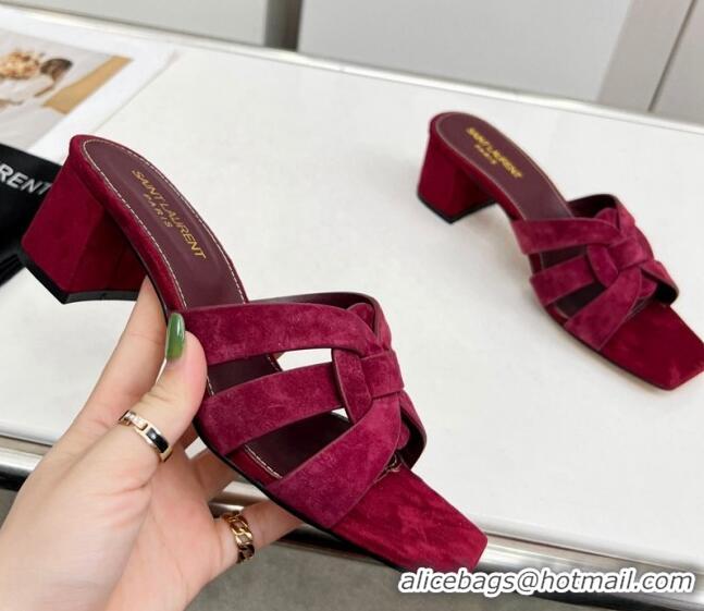 Luxury Cheap Saint Laurent Suede Medium Heel Slide Sandals 4.5cm Burgundy 324118