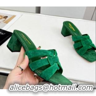 Luxury Saint Laurent Suede Medium Heel Slide Sandals 4.5cm Green 324119