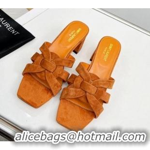 Luxury Discount Saint Laurent Suede Medium Heel Slide Sandals 4.5cm Apricot 324120