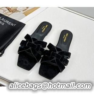 Luxury Saint Laurent Suede Flat Slide Sandals Black 0324121