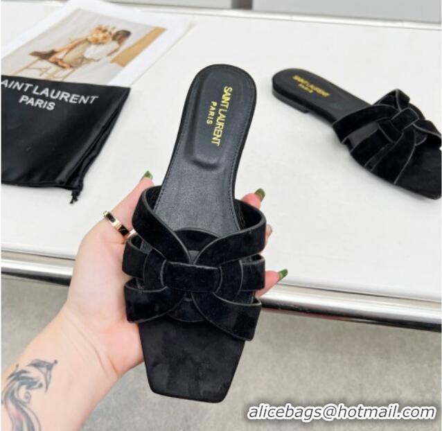 Luxury Saint Laurent Suede Flat Slide Sandals Black 0324121