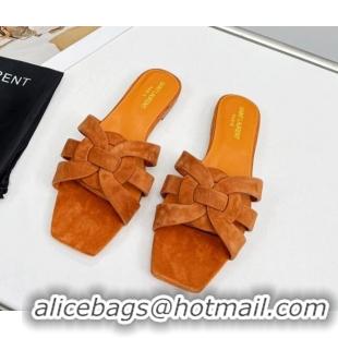 Discount Saint Laurent Suede Flat Slide Sandals Apricot 324122