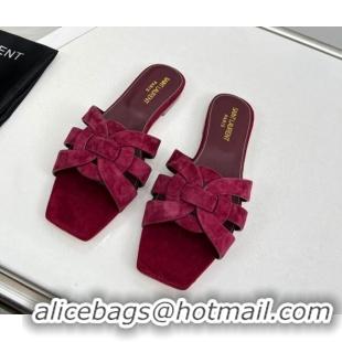 Good Product Saint Laurent Suede Flat Slide Sandals Burgundy 0324124