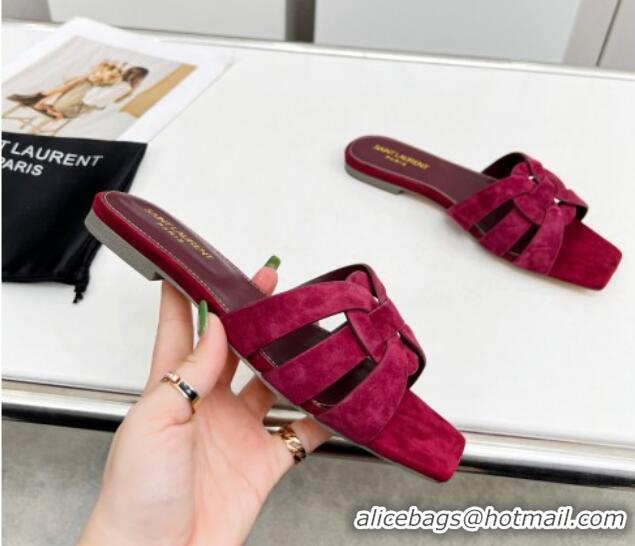 Good Product Saint Laurent Suede Flat Slide Sandals Burgundy 0324124