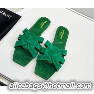 Good Looking Saint Laurent Suede Flat Slide Sandals Green 0324125