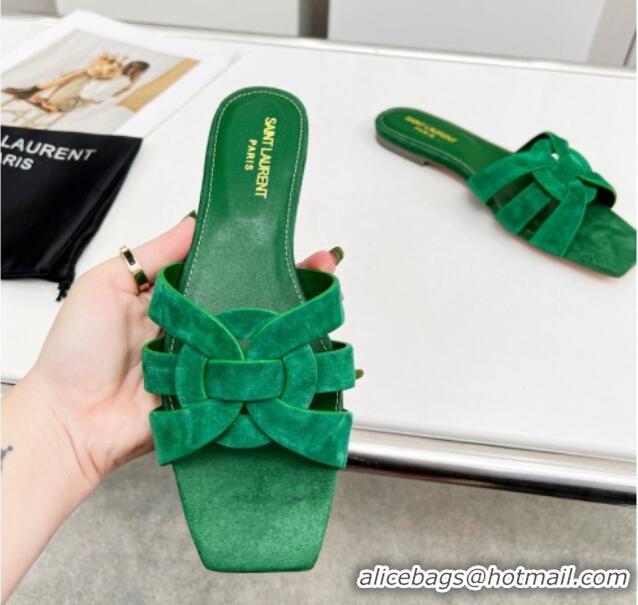 Good Looking Saint Laurent Suede Flat Slide Sandals Green 0324125