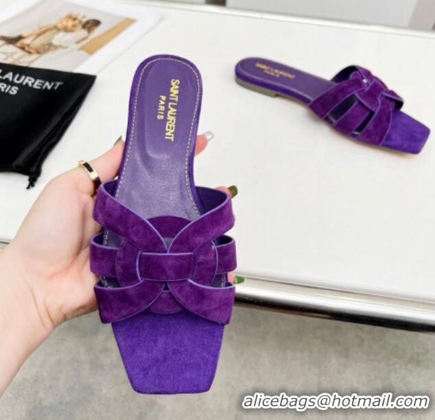 Best Product Saint Laurent Suede Flat Slide Sandals Purple 0324126