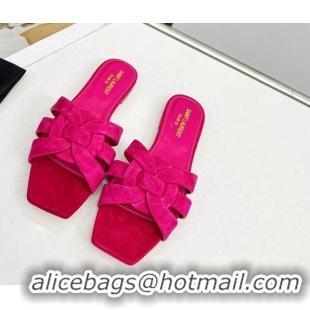 Popular Style Saint Laurent Suede Flat Slide Sandals Dark Pink 324129