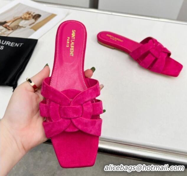 Popular Style Saint Laurent Suede Flat Slide Sandals Dark Pink 324129