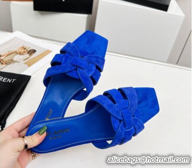 Good Looking Saint Laurent Suede Flat Slide Sandals Blue 0324130