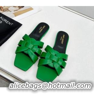 Fashion Saint Laurent Calfskin Flat Slide Sandals Green 324132