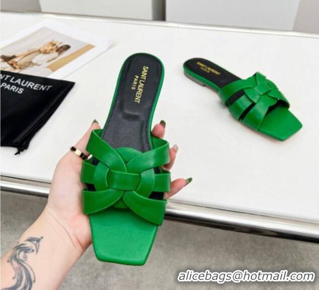 Fashion Saint Laurent Calfskin Flat Slide Sandals Green 324132