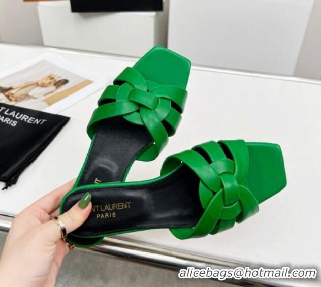 Fashion Saint Laurent Calfskin Flat Slide Sandals Green 324132