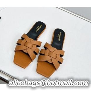 Durable Saint Laurent Flat Slide Sandals in Palm-Grained Leather Brown 0324133