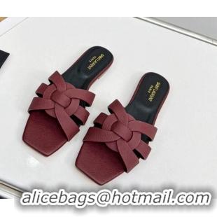 Lowest Price Saint Laurent Flat Slide Sandals in Palm-Grained Leather Burgundy 324134