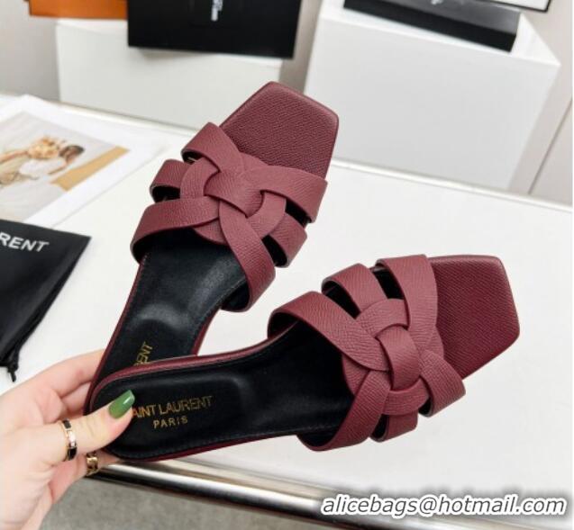 Lowest Price Saint Laurent Flat Slide Sandals in Palm-Grained Leather Burgundy 324134