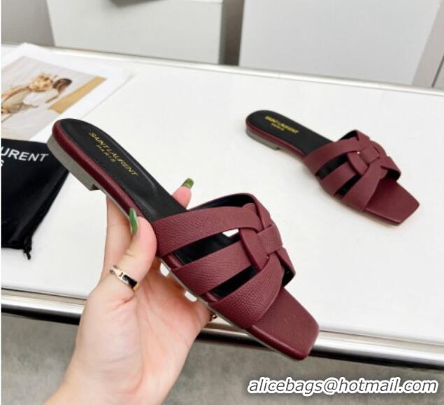 Lowest Price Saint Laurent Flat Slide Sandals in Palm-Grained Leather Burgundy 324134