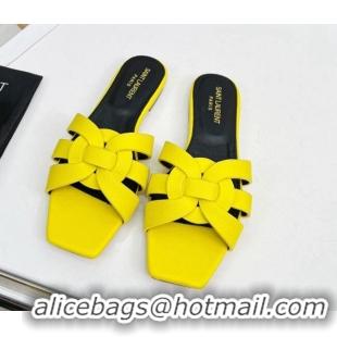 Discount Saint Laurent Flat Slide Sandals in Palm-Grained Leather Yellow  0324135