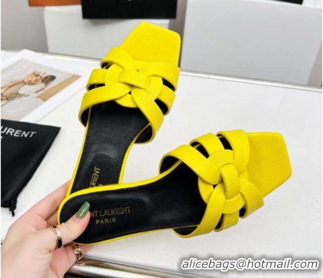 Discount Saint Laurent Flat Slide Sandals in Palm-Grained Leather Yellow  0324135