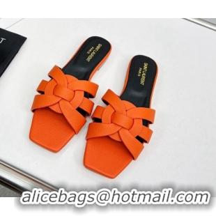 Low Cost Saint Laurent Flat Slide Sandals in Palm-Grained Leather Orange 0324138