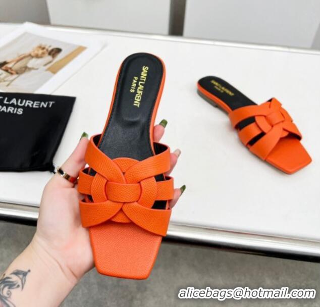 Low Cost Saint Laurent Flat Slide Sandals in Palm-Grained Leather Orange 0324138