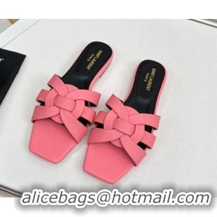 Charming Saint Laurent Flat Slide Sandals in Palm-Grained Leather Light Pink 0324139