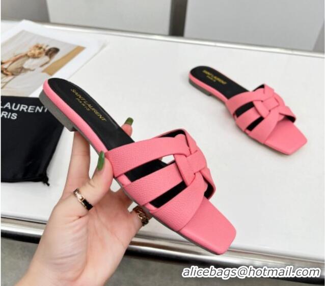 Charming Saint Laurent Flat Slide Sandals in Palm-Grained Leather Light Pink 0324139