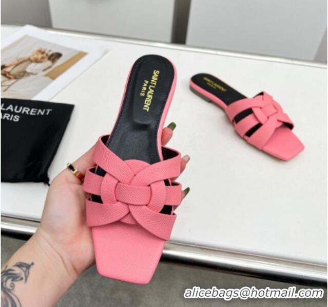 Charming Saint Laurent Flat Slide Sandals in Palm-Grained Leather Light Pink 0324139