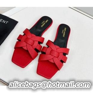 Hot Style Saint Laurent Flat Slide Sandals in Palm-Grained Leather Red 0324140