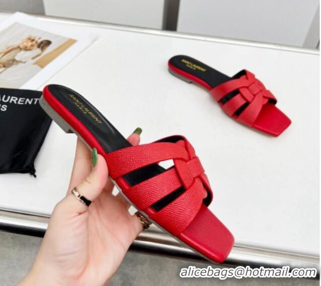 Hot Style Saint Laurent Flat Slide Sandals in Palm-Grained Leather Red 0324140