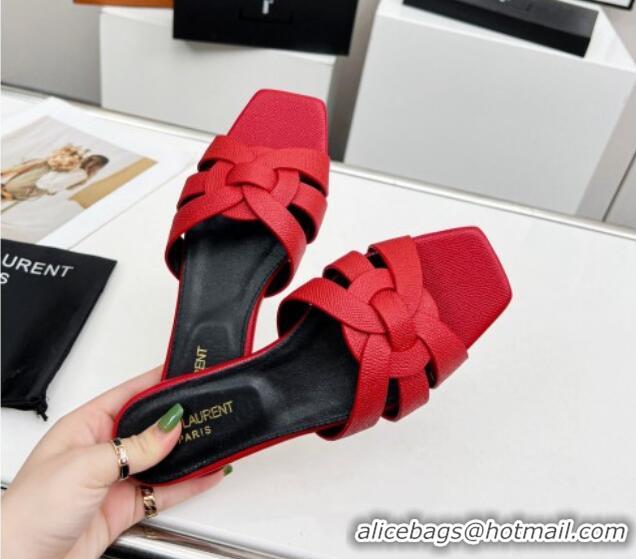 Hot Style Saint Laurent Flat Slide Sandals in Palm-Grained Leather Red 0324140