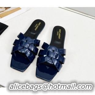 Top Grade Saint Laurent Flat Slide Sandals in Patent Leather Navy Blue 324141