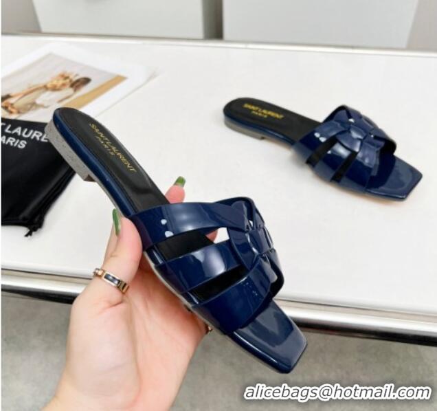 Top Grade Saint Laurent Flat Slide Sandals in Patent Leather Navy Blue 324141