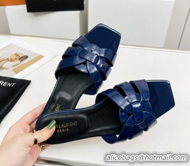 Top Grade Saint Laurent Flat Slide Sandals in Patent Leather Navy Blue 324141