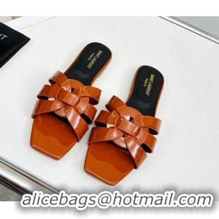 Sophisticated Saint Laurent Flat Slide Sandals in Patent Leather Brown 0324142