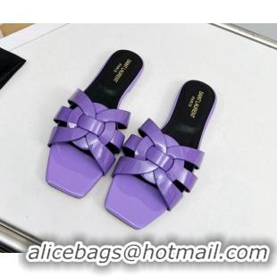 Stylish Saint Laurent Flat Slide Sandals in Patent Leather Purple 324145