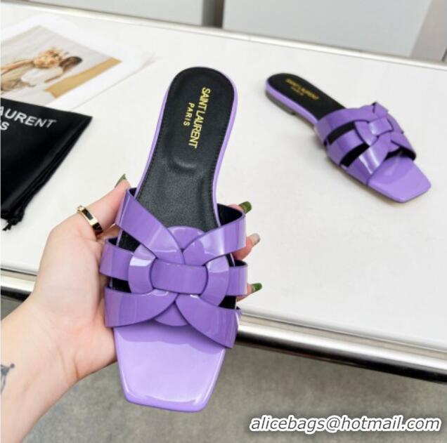 Stylish Saint Laurent Flat Slide Sandals in Patent Leather Purple 324145