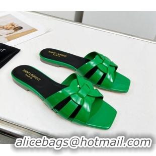 Sumptuous Saint Laurent Flat Slide Sandals in Patent Leather Green 324148