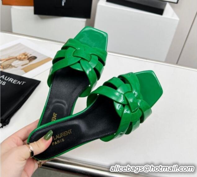 Sumptuous Saint Laurent Flat Slide Sandals in Patent Leather Green 324148