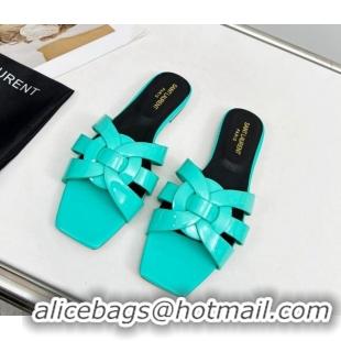 Top Grade Saint Laurent Flat Slide Sandals in Patent Leather Light Blue 324149