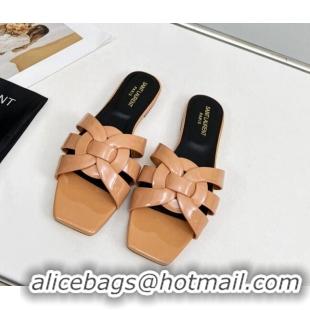 Best Product Saint Laurent Flat Slide Sandals in Patent Leather Apricot 324150