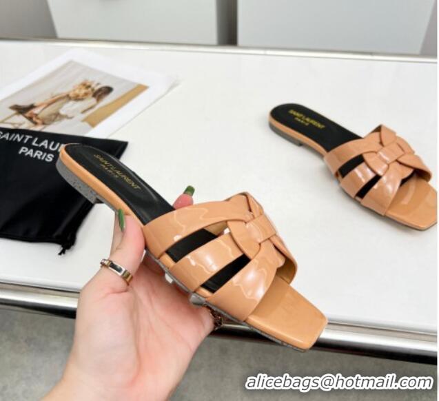 Best Product Saint Laurent Flat Slide Sandals in Patent Leather Apricot 324150