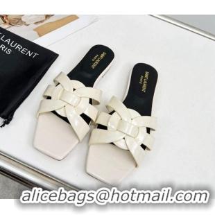 Good Quality Saint Laurent Flat Slide Sandals in Patent Leather White 0324151