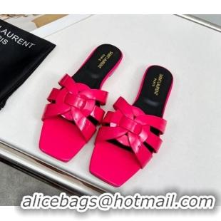 Luxurious Saint Laurent Flat Slide Sandals in Patent Leather Dark Pink 324152