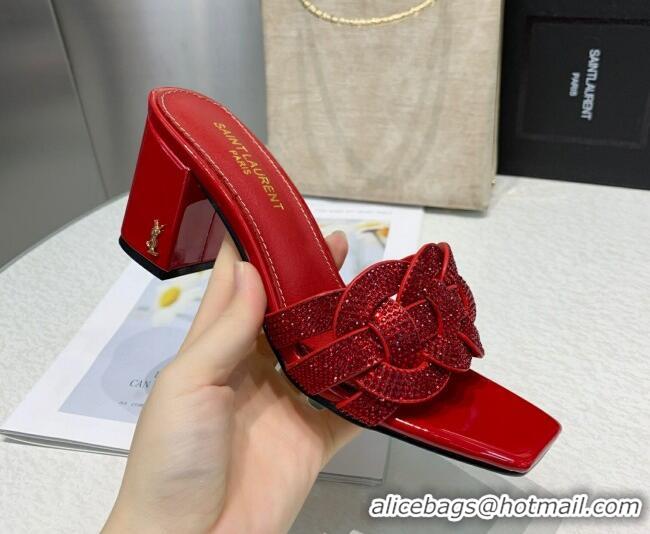 Pretty Style Saint Laurent Medium Heel Slide Sandals with Crystals Red 0324154