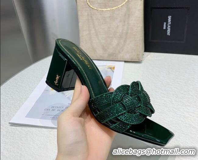 Luxury Discount Saint Laurent Medium Heel Slide Sandals with Crystals Green 0324155